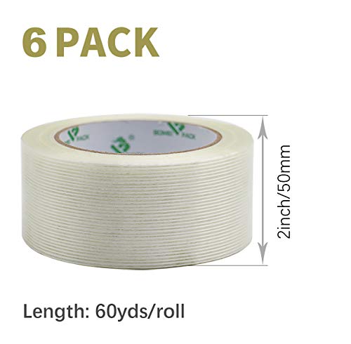 Bomei Pack 6Pack Reinforced Packing Tape, 5.5Mil 2Inx 60Yds, Heavy Duty Fiber Strapping Adhesive Packaging Tape #TOP1