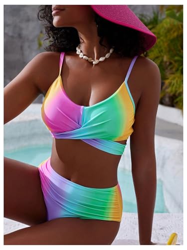 Verdusa Women's 2 Piece Tie Dye Swimsuits Y2k Ruched Wrap High Waisted Tummy Control Bikini Set4