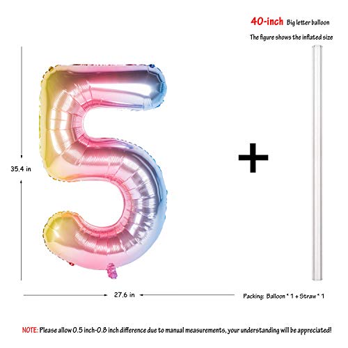 Image of 40 Inch Rainbow Digit Helium Foil Birthday Party Balloons (Lightly color 5) | Helium Foil Birthday Party Balloons big size Gradients Rainbow Digit