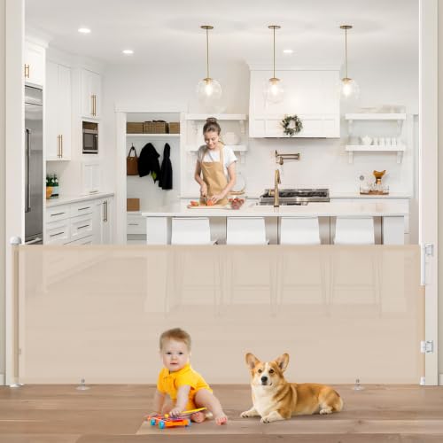 Image of 96 inch Retractable Baby Gate, Long Mesh Dog Gate for Garage Deck Porch | Strong Suction Disc Prevent Crawling Under, 34 inch Tall Child Safety Gate for Large Openings, Indoor Outdoor Use, Beige