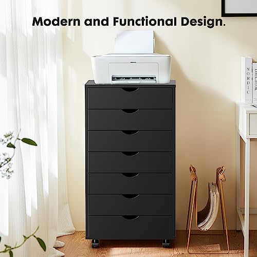Image of OLIXIS 7 Drawer File Cabinet on Wheels, Printer Stand | Fits Under Desks, Wood Storage Organization Holds Printer, Office Supplies, Not For Hanging Files, For Home Office Use Black