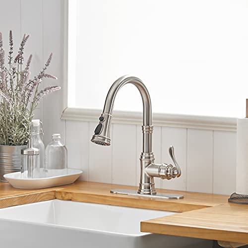 Bathfinesse Kitchen Sink Faucet Brushed Nickel With Pull Down Sprayer 3 Mode Faucet For Kitchen Sink Single Handle High Arc Commercial Stainless Steel Pull Out Rv Kitchen Faucet Bar,Deck Plate Include #TOP1