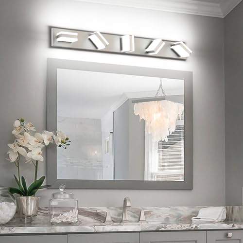 Image of SOLFART 5 Light Bathroom Vanity Light, Brushed Nickel Vanity Lighting Fixtures Over Mirror, Modern LED Lights for Bathroom Cool Light 6000K