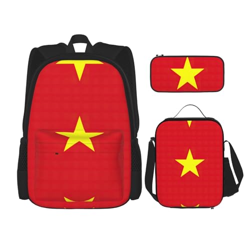 Sac à dos motif drapeau vietnamien WURTON ensemble scolaire 3 pièces noir avec trousse et sac repas