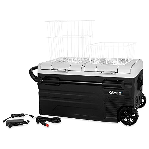 Camco 51520 CAM-750 Portable Refrigerator, AC 110V/DC 12V Compact Fridge/Freezer with Dual Zone Cooling, 75-Liter - Keeps Food and Drinks Cold While On-the-Go - Ideal for Road Trips, RVing, Camping, B , Black