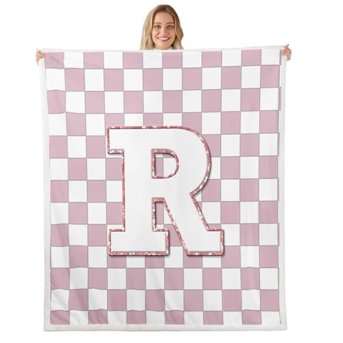 Image of Erosebridal Pink Initial R Fuzzy Plush Throw Kawaii Plaid Checkered Fleece Blanket Cute Personalized Monogram Sherpa Blanket for Kids Girls,Fashion Grids Gingham Decor for Bed Couch Queen 90 inchx90 inch