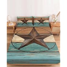 Bedding California King Size Fitted Sheets Fit 5"-16" Deep Pocket Mattress,Western Star Country Texas Soft Bottom Sheet Farm Vintage Wood Board Fitted Sheet Bed Set with Pillow Case