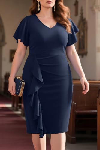 Image of Pinup Fashion Plus Cocktail Wedding Guest Church Work Bodycon Knee Dress | Knit fabric, v-neck, short ruffle sleeves, ruched design, pencil silhouette, knee length, wedding guest, church, cocktail