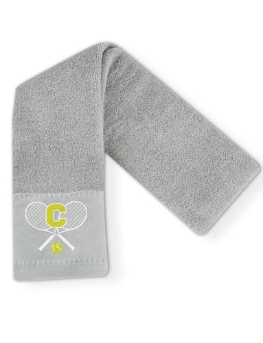 CybGene Embroidered Tennis Towel, Funny Tennis Gift for Men, Women & Lovers, Soft & Absorbent, Gray, Initial C