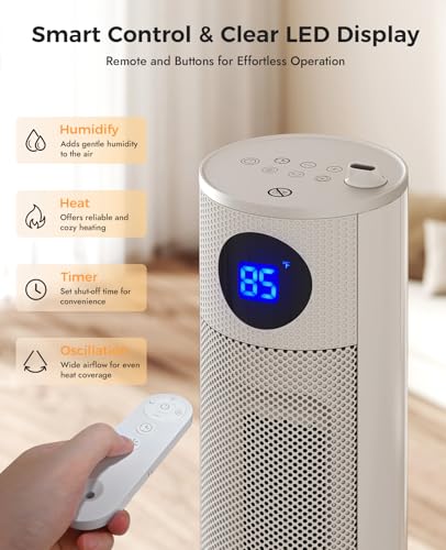 Image of Space Heater with Humidifier - Portable Tower Heaters for Indoor Use, Remote, Adjustable Thermostat, 3 Heat Modes, Multiple Safety Protection, 12H Timer, Quiet Electric Heater for Bedroom