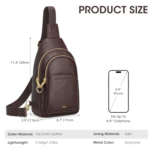 Image of Kattee Sling Bag for Women, Leather Crossbody Bag for Travel, Coffee | Top Grain Pebbled Leather. RFID back pocket, small chest bag fit 6.9-inch phone, fanny pack with adjustable strap.