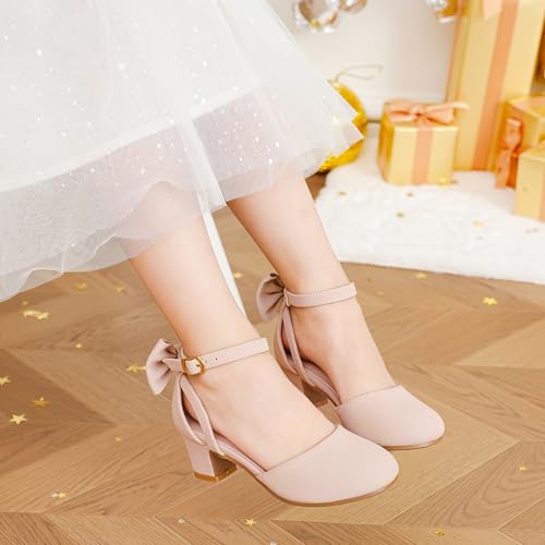 Image of Girls Heels Dress Shoes Flower Girl Pumps with Cute Bow Closed Toe | Princess Shoes,High Heels,Chunky Heel,Adjustable Buckles,Toddler,Little Girl,Big Kid,Wedding,Birthday Party,Formal,Pageant