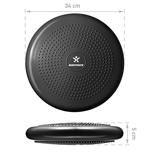 BODYMATE Ballsitzkissen inkl. Pumpe SCHWARZ 34cm Durchmesser - Balance-Kissen, Luftkissen, Balance Pad, Noppenkissen - Core-, Fitness-, Reha-, Koordinations- und Rückentraining
