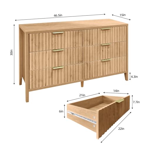 Modern Fluted Wood Dresser with 6 Large Drawers, Perfect for Bedroom, Living Room or Entryway
