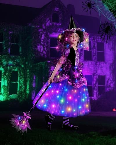 Girls Light Up Witch Costume, Kids Witch Costume with Hat and Broom for Toddler Halloween Dress Party2