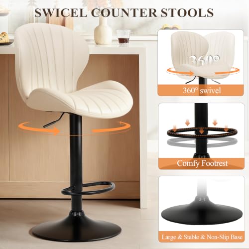 Image of COLAMY Bar Stools Set of 4,Swivel Adjustable Height Leather Bar Chair,Beige