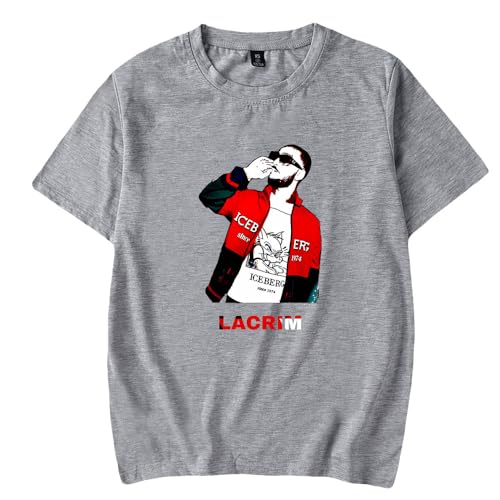 Lacrim T-shirt col rond à manches courtes pour homme et femme Impression décontractée Mode Tour Hip Hop Streetwear, Gris-HL13004, XS