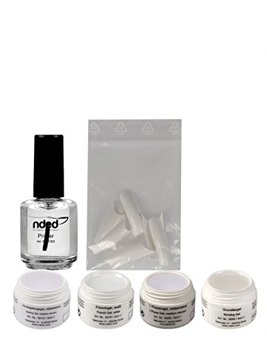 Preisvergleich Produktbild NDED Probe UV-Gel-Set - Professionelles Nagelset mit mit je 5 ml Grundiergel Aufbaugel Frenchgel und Versiegelungsgel, UV geeignet, säurefrei