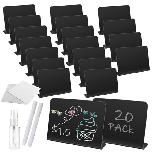 URHRHU 20 Piezas Mini Pizarras de Plástico Mini Letreros de Pizarra de Pie Pizarras Negras de Tiza Pequeñas con 2 Rotuladores Carteles de Precios Negro Reutilizables para Buffet Panadería Boda Mesa
