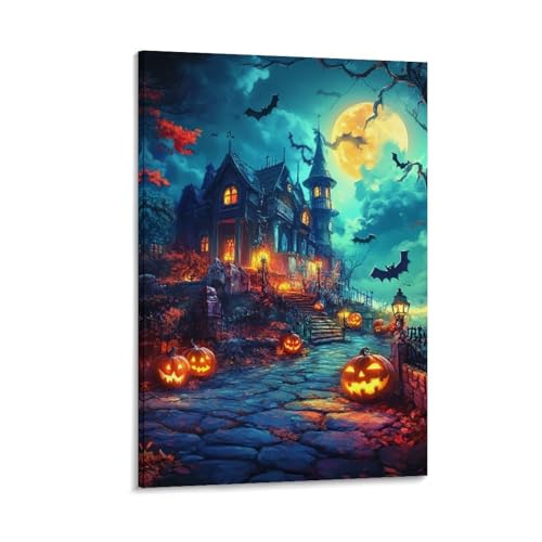 Décoration murale Halloween pour transformer votre salon tableau de village mystique sur toile canvas