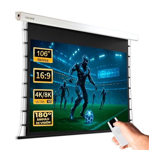 Pantalla de proyeccion eléctrica tensionada 106 16:9 | Requiere Espacio de 284cm | Válida para Cualquier proyector Incluso UST | Motor Tubular | Ajuste de tensión | Mando a Distancia