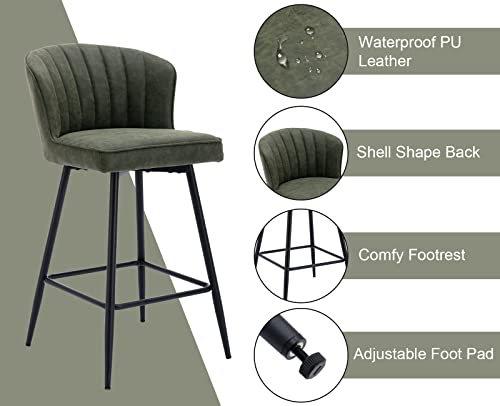 Shunzhi Modern Counter Height Bar Stools Set Of 2 With Shell Back 26 Inches Bar Stools Chairs With Metal Legs, Leather Upholstered Island Chairs Kitchen Stools For Kitchen Home Bar Dining Room, Green #TOP3