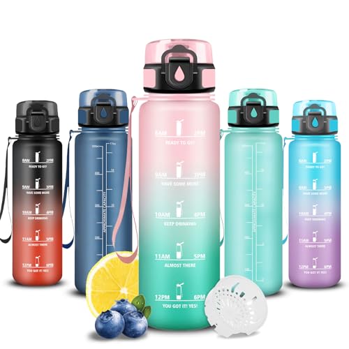 Botella Agua, 500ml Botella Agua Niños, a Prueba de Fugas, Cantimplora Infantil con Filtro, Fácil de Limpiar, Cantimplora con Marca de Tiempo, para la Escuela, Oficina, Deportes, Adulto, Running