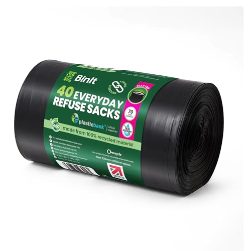 BIN IT 40 Everyday 70L Strong & Secure, Refuse Sacks, Bin Bags, Bin Liners, Flat Top, Recycled, Tear Resistant, 30 μm, Perfect for Everyday Use, Household, Office, Kitchen & Caterers