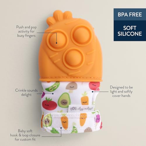 Image of Itzy Ritzy Silicone Teething Mitt - Soothing Infant Teething Mitten with Adjustable Strap, Crinkle Sound & Textured Silicone to Soothe Sore & Swollen Gums - for Ages 3 Months & Up (Carrot)