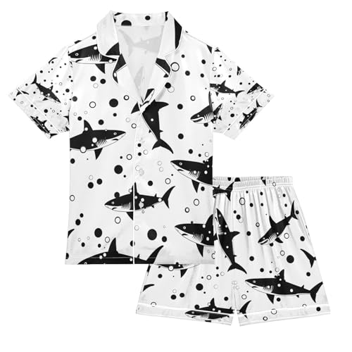 senya Shark on Black Satin Summer Pajama Sets Silk Short Sleeve Button Down Sleepwear