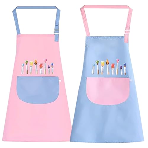 XSYKJGS Malschürze Kinder 2 Stück Schürze Kinder Schule Verstellbare 6-10-12 Jahre Kochschürze Kinder Jungen Mädchen mit Taschen für Basteln Malen Backen KochenBlau und Rosa