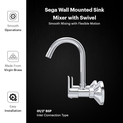Image of Johnson Sega Brass Wall Mounted Kitchen Sink Mixer Tap with 360 Swivel Spout | Hot & Cold Water Faucet | Chrome Finish | 2 Flanges Included | 10 Years Warranty