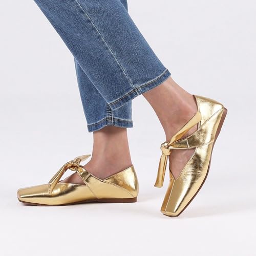 VIMISAOI Square Toe Ballerina Shoes for Women Bow Knots Ballet Flats Mary Jane Flats Slip On Bowtie Strap Flats Gold4
