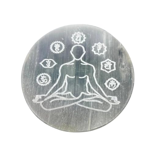 HEALING ZONE Selenite Crystal Charging Plate - Round Disc for Crystals & Healing Stones | Selenite Coaster for Home & Office Table Décor | Energy Cleansing & Reiki Tool (Budhdha - 7 Chakra)