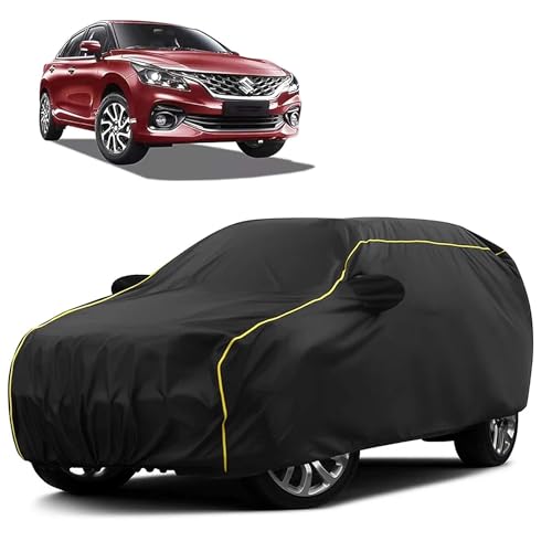 Image of Sulfar 100% Water Resistant Car Body Cover Compatible with Mirror for Maruti Suzuki Baleno (Triple Stitched, Full Bottom Elastic, Black Taffeta with Yellow Piping)