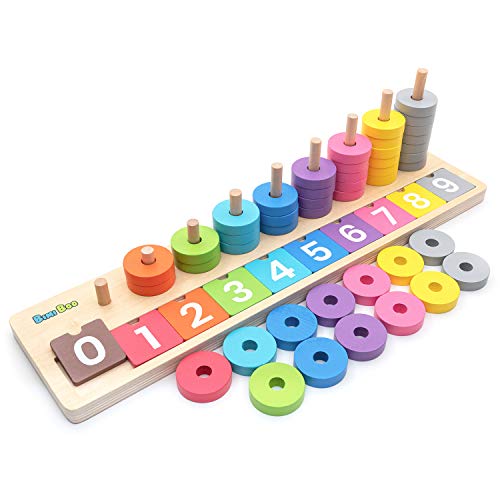 Bimi Boo Number Puzzle Montessori Toys, Stacking Rings and Counting Games, Color Recognition and Math Learning for Toddlers, Early Development and Activity Toys (45 Wooden Rings, 10 Titles)