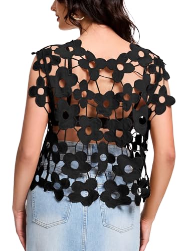 Flygo Hollow Out Floral Lace Crop Top for Women 2025 Trendy Oversized Sleeveless Crochet Vest Coverup Y2K Going Out Tops2