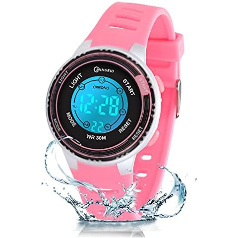 DTKID Children Digital Watch,5ATM Waterproof,7 Colors Backlight,Hourly Chime,Stopwatch,Alarm Functions,Time Teaching Boys Girls Watch,Soft Band Wrist Watch for Kids (Pink Pink) Cover