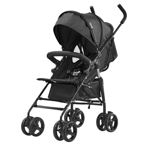 Image of VEVOR Lightweight Stroller, Compact Easy Fold Multiposition Recline Canopy Backrest, Carbon Steel Frame, Large Storage Basket,Cup Holder, Umbrella Toddler Baby Stroller for Travel and More, Black