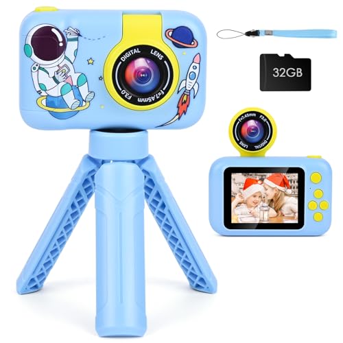 Camara Fotos Infantil, GuKKK Camara de Fotos para Niños 2,4”, 1080P HD Selfie Camara de Fotos para Niños con Tarjeta de 32 GB, Lente de180°Flip, Regalo 3-12 Niña Niño de Navidad Cumpleaños (Azul)