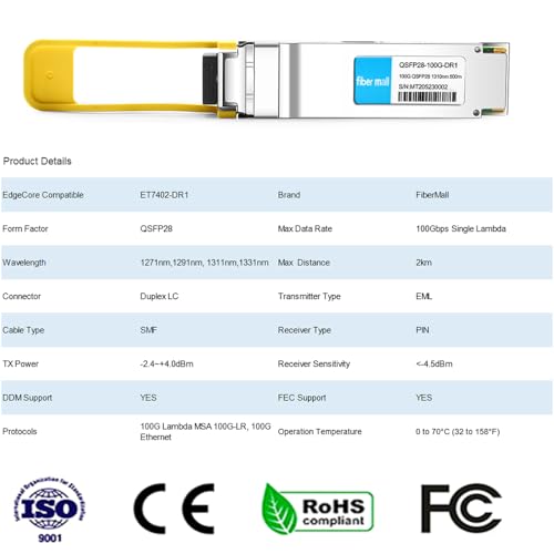 Image of 100G QSFP28 DR Single Lambda Optical Transceiver Module,Compatible with EdgeCore ET7402-DR1,100GBASE-DR QSFP28 1310nm 500m Duplex LC SMF with FEC DDM