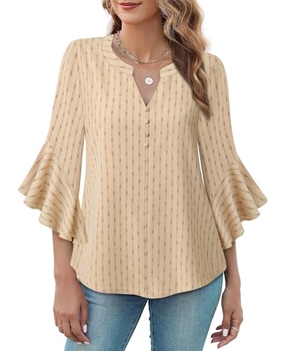 Bebonnie Womens Tops Dressy Casual Ruffle 3/4 Sleeve Henley V Neck Chiffon Blouses with Buttons2