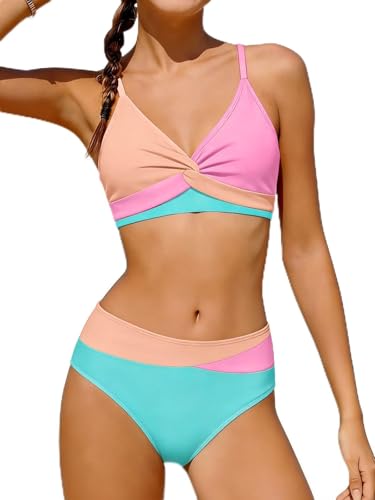 Image of Girls Swimsuit Color Block Bikini Sets Teen Bathing Suit Girls 2 Piece Swimsuits Criss Cross Swimwear for 9-16 Years
