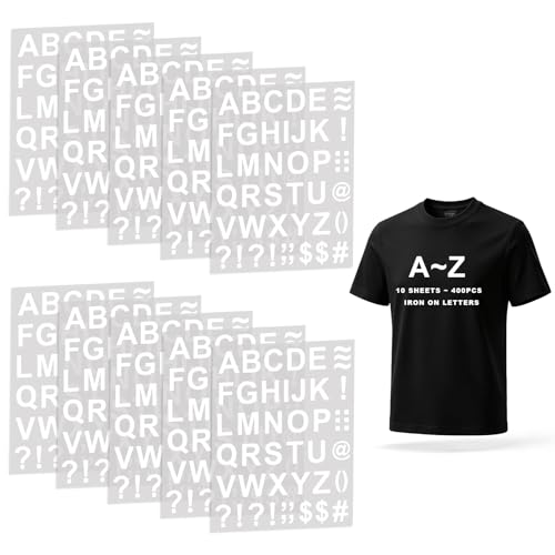 WRTUUED 10 Sheets 400 Pieces White Iron on Letters for Clothing 1.65 Inch Heat Transfer Vinyl Letter Patches with A-Z PU Alphabet Stickers for Fabric T-Shirts Jerseys Printing DIY Crafts