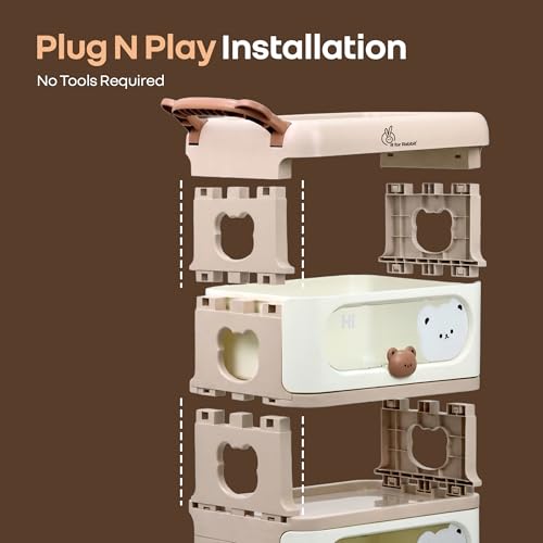 Image of R for Rabbit Kiddo Korner Bear Baby Organiser with Drawers & Wheels | Kids Toy & Clothes Storage with Open Shelf & Side Basket | Easy Plug N Play Installation with Lockable 360 Wheels (Brown Cream)
