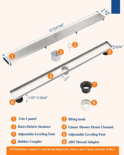 Kuzor 36 Inch Linear Shower Drain, Reversible 2 In 1 Cover Tile Insert Grate Removable Brushed 304 Stainless Steel Rectangular Floor Drain Kit With Hair Strainer, Fast Drainage #TOP4