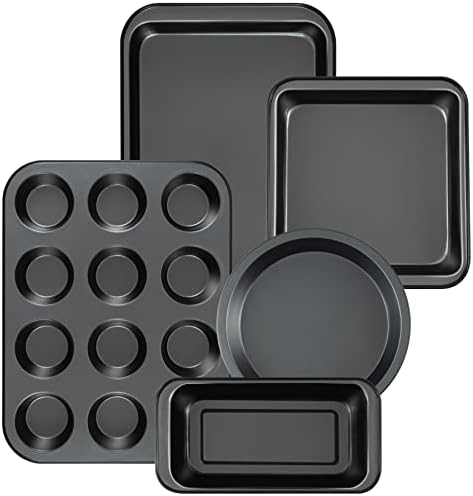 Baking Pans Nonstick Set, 5-Piece Bakeware Sets with Round/Square Cake Pan, Muffin Pan, Loaf Pan, Roast Pan, Baking Sheets for Oven Nonstick, mobzio Kitchen Cookware Sets Baking Supplies