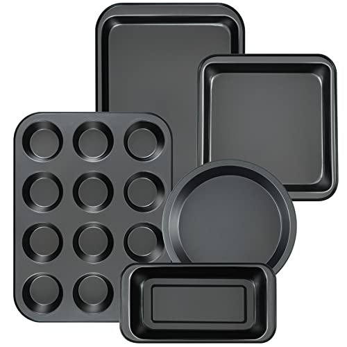 Kitchen 5-Piece Nonstick Bakeware Set – Round/Square Cake Pans, Muffin Pan, Loaf Pan, Roast Pan & Baking Sheets
