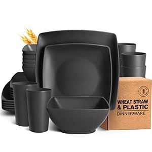 Teivio 24-Piece Wheat Straw Square Dinnerware Set for 6,Unbreakable Dinner Plates, Salad Plates, Snack Bowls, Tumblers 13.5 oz, Dishwasher Safe, Outdoor Camping Dishes,Black