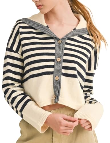 Ladyful Women's Cropped Striped Cardigan Sweater Long Sleeve Collar Button Down Loose V Neck Outerwear Coats